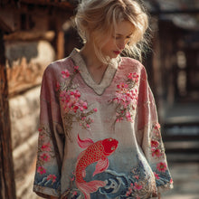 Load image into Gallery viewer, Vintage Pink Koi Floral Embroidery Gradient Linen Blend Shirt
