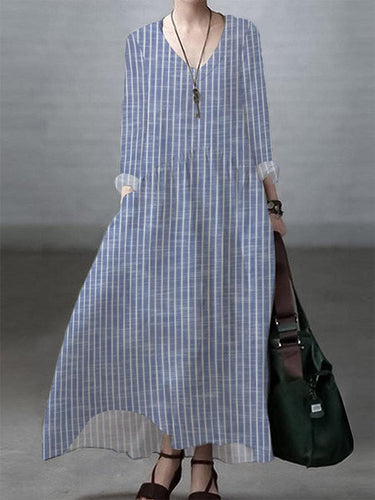 Women's Retro Stripe Design V-Neck Long Sleeve Pocket Casual Dress(S-5XL)