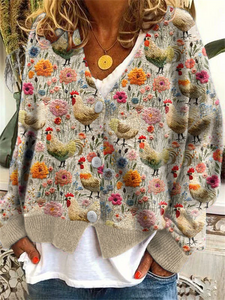 Women's Farm Chicken And Floral Print Long Sleeve Cardigan