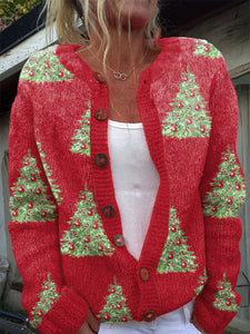 Women's Christmas Tree Print Knitted Cardigan