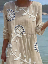 Load image into Gallery viewer, Women's Casual  Round Neck Mid Sleeve Print Cotton and Linen Dress
