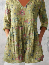 Load image into Gallery viewer, Women's Elegant Floral Pattern Round Neck Cotton and Linen Top