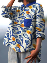 Load image into Gallery viewer, Blue Floral Decorative Pattern Casual Cotton And Linen Shirt
