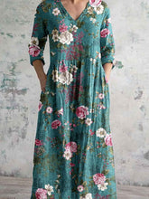 Load image into Gallery viewer, Women's Elegant Rose Floral Print V-Neck Cotton and Linen Dress with Pockets