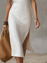 Load image into Gallery viewer, Stand-collar Split-hem Cotton And Linen Midi Dress