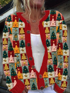 Women's Christmas Tree Stitching Print Cardigan