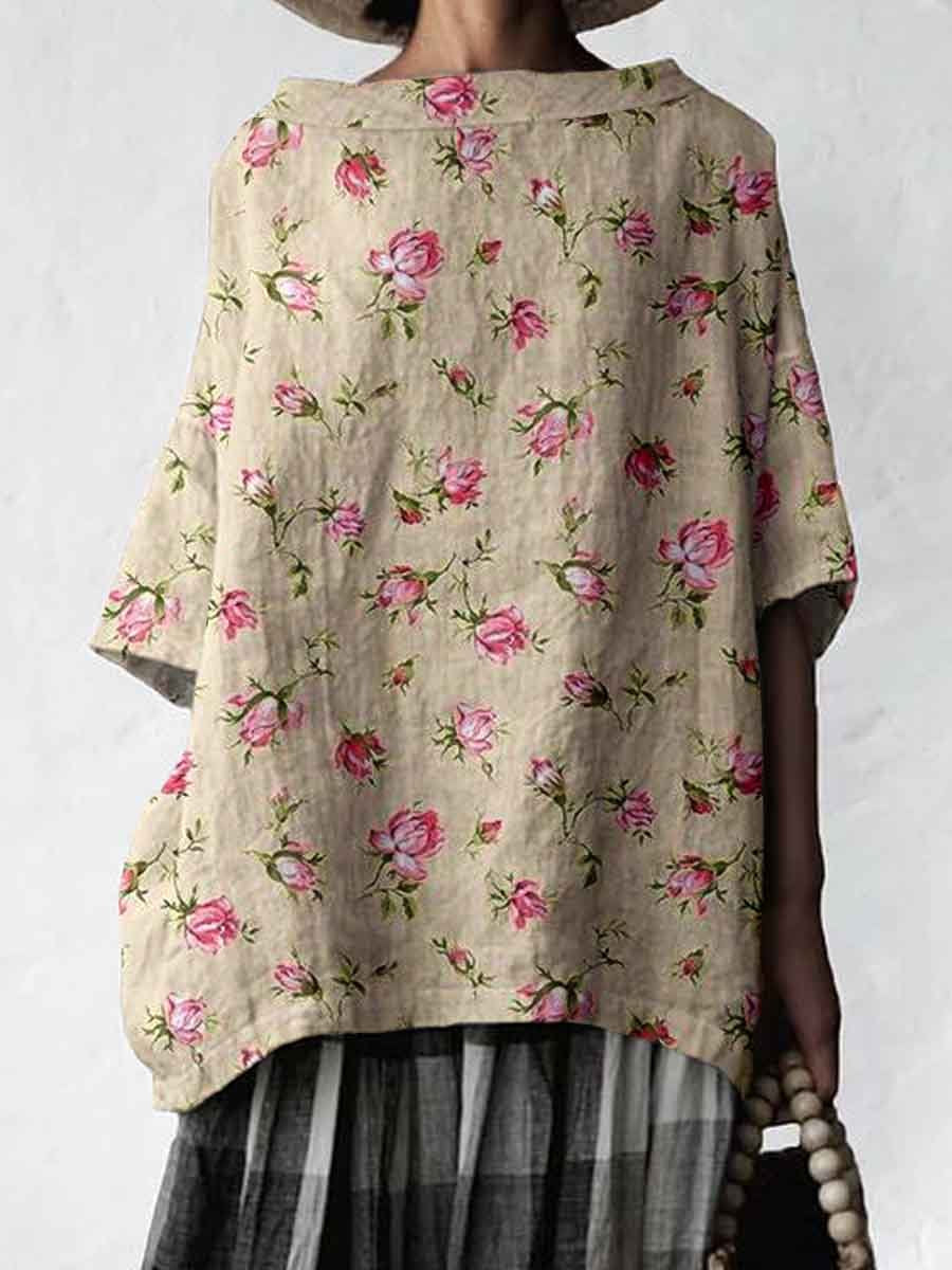 Women's Elegant Simple Rose Floral Print Linen Top