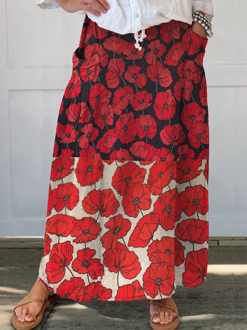 Women's Poppies Flower Print Linen Pocket Skirt