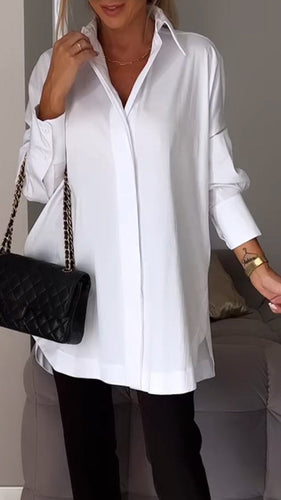 Women‘s White Lapel Slit Shirt