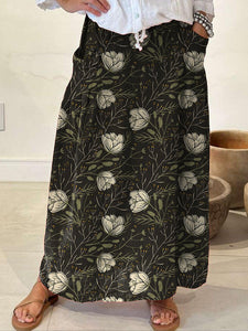 Women's Dark Floral Linen Pocket Skirt