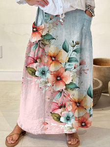 Women's Flowers Watercolor Contrasting Colors Casual Print Linen Pocket Skirt