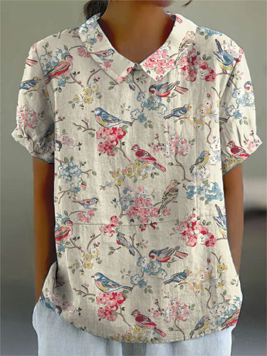 Women's Floral  Print Casual Cotton And Linen Shirt
