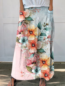 Women's Flowers Watercolor Contrasting Colors Casual Print Linen Pocket Skirt