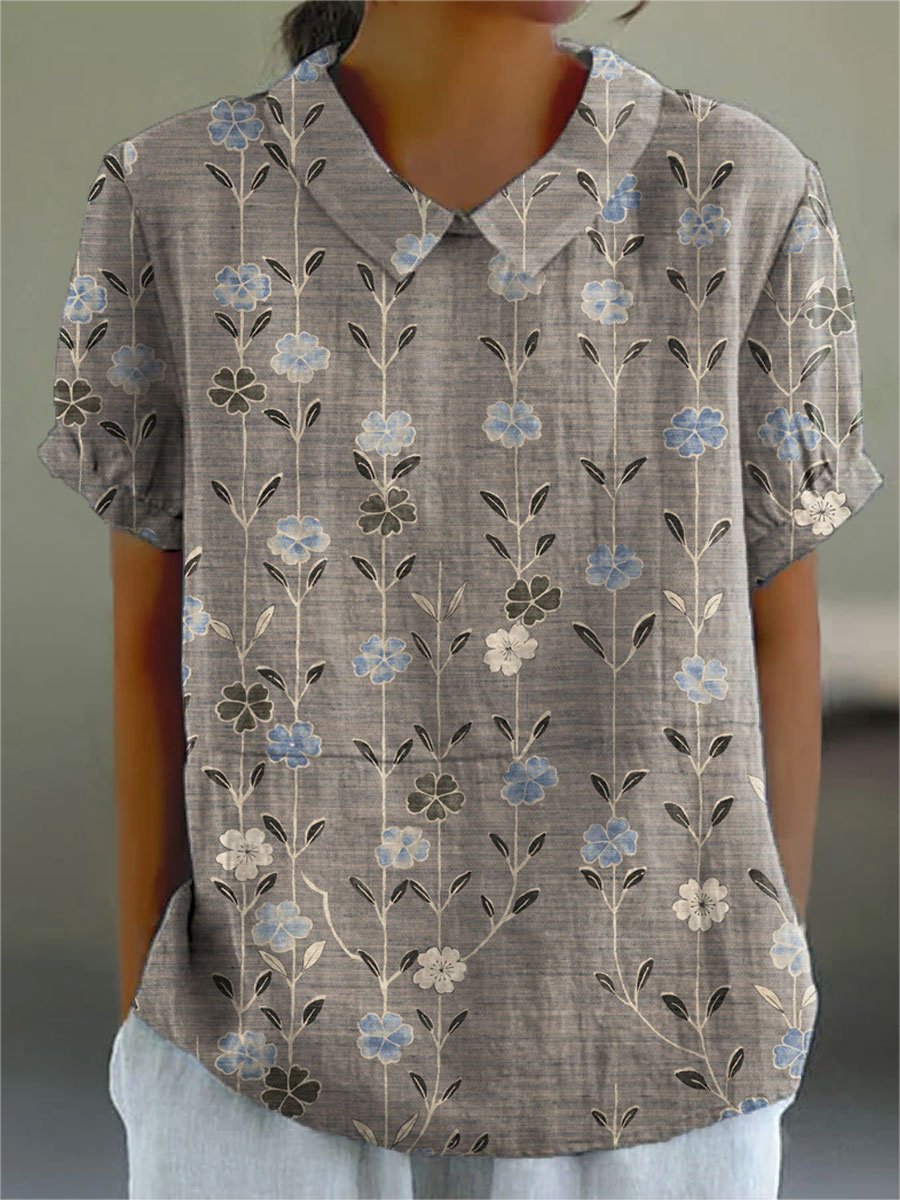 Women's Vintage Flower Art Print Casual Cotton And Linen Shirt