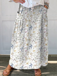 Women's Vintage Floral Art Linen Pocket Skirt