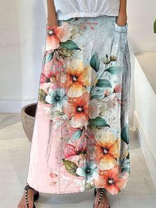 Women's Flowers Watercolor Contrasting Colors Casual Print Linen Pocket Skirt