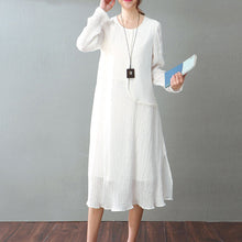 Load image into Gallery viewer, vintage white cotton linen maxi dress Loose fitting O neck baggy dresses New long sleeve patchwork dresses