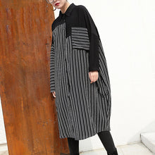 Load image into Gallery viewer, women black linen dresses Loose fitting linen clothing dresses fine patchwork striped cotton clothing