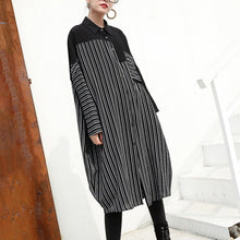 Load image into Gallery viewer, women black linen dresses Loose fitting linen clothing dresses fine patchwork striped cotton clothing
